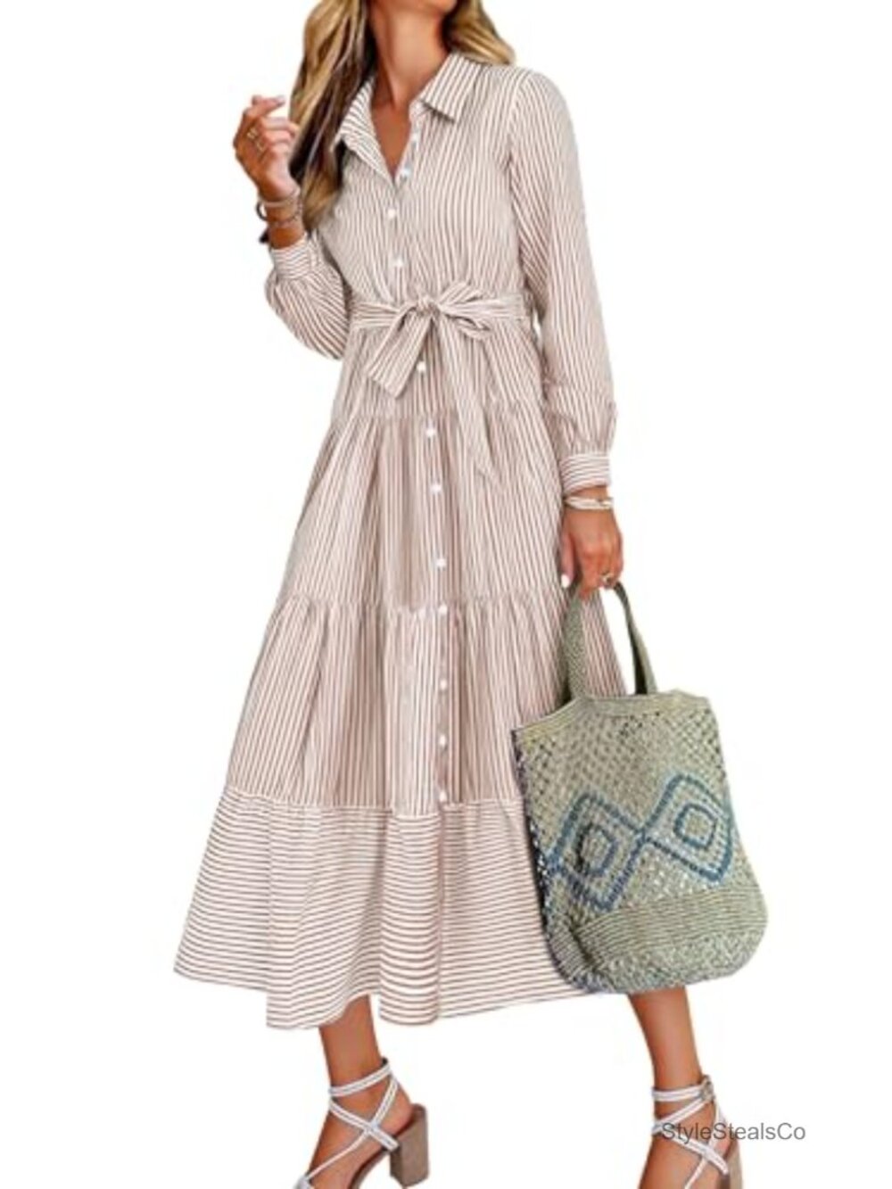 Long Sleeve Striped Flowy Maxi Dress Button Down Ruffle Hem Tie Waist Shirt - Picture 1 of 6